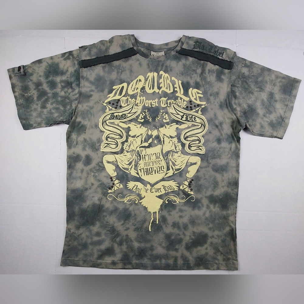 Blac Label Y2K Premium T Shirt Mens Size 2X Green Tie Dye Double Trouble Rivets